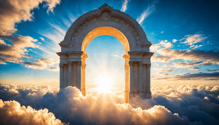 neoclassical archway on clouds with columns and bright sunburstの素材