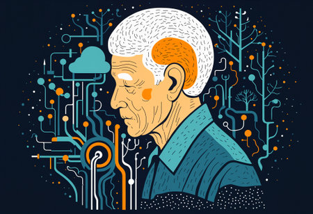 Profile of an older man contemplating technology, showing a brain highlighted with circuits, data nodes, and a cloud computing symbol.の素材