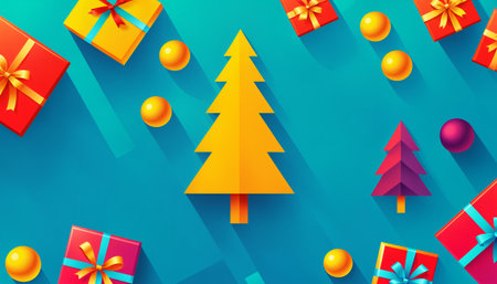 yellow Christmas tree with gifts and spheres on a blue backgroundの素材