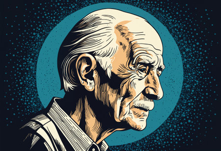 High-contrast profile portrait of a thoughtful older man with a mustache, set against a dark, dotted circular background.の素材