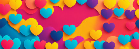 abstract banner with layered colorful hearts on a vibrant wavy background of pink, orange, and blue.の素材