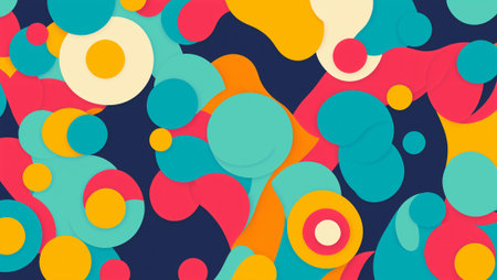 modern abstract background with colorful layered liquid shapes and circles creating a playful composition with a subtle paper cut effect.の素材