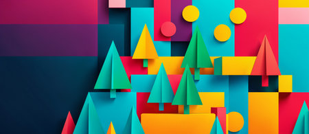 modern abstract geometric landscape with stylized trees and shapes in a colorful flat composition for a website bannerの素材