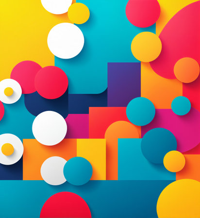 abstract geometric background with colorful layered circles and squares in a flat modern composition.の素材