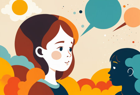 abstract illustration of a woman and child in dialogue, representing therapy, communication, mental health support, or family problemsの素材