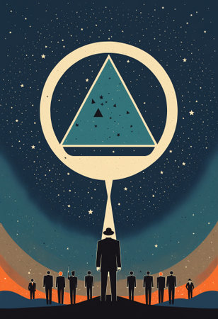 a leader and a group look at a mysterious symbol in the night sky, representing a cult, conspiracy theory, or collective paranoiaの素材