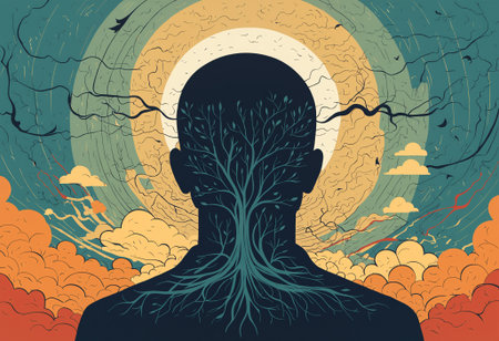 abstract illustration of a human head with tree roots and branches, symbolizing deep mental health struggles, internal turmoil, or cognitive complexityの素材