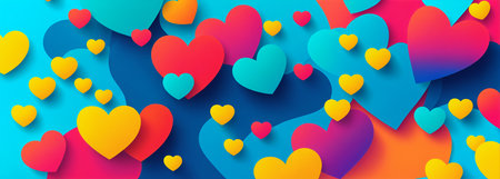 vibrant abstract banner with layered hearts in red, teal, and yellow on a colorful wavy blue background.の素材