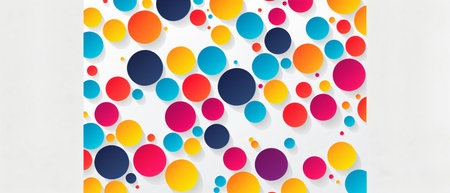 abstract background with colorful layered circles scattered on a simple white surface.の素材