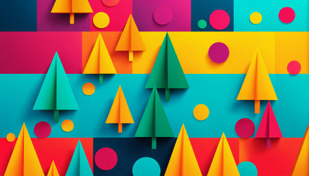 bright abstract wallpaper with colorful Christmas trees and geometric shapesの素材