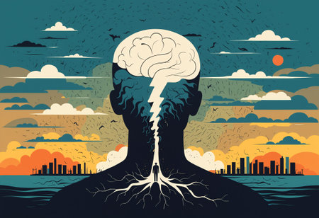 dramatic illustration of a person with a lightning bolt brain, symbolizing a mental breakdown, cognitive shock, or an epiphany in an urban landscapeの素材