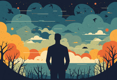 Dramatic illustration of a man contemplating a dense, colorful, and uncertain landscape, symbolizing introspection, worry, or emotional turbulenceの素材
