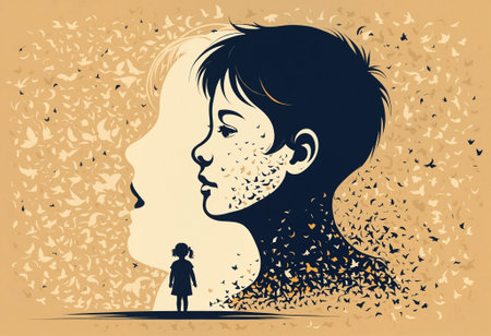 Illustration of a child's face dissolving into birds with a small silhouette in the background, symbolizing loss of innocence, transformation, or letting go of the pastの素材