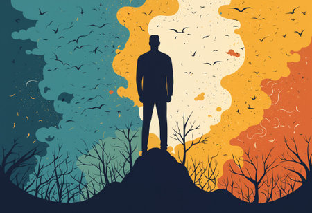 Silhouette of a man standing on a hill between two halves of a sky, symbolizing duality, decision, or changing timesの素材