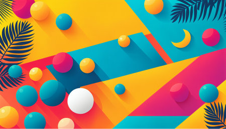 vibrant summer tropical background with palm leaves and colorful spheresの素材