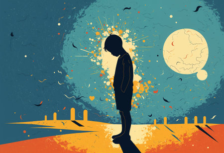 Abstract silhouette of a sad child looking down with scattered shapes, symbolizing child mental health, depression, or traumaの素材