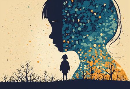 Silhouette of a child's face with a turbulent, leaf-like mind and a small figure below, symbolizing child mental health, complex thoughts, or overgrowthの素材