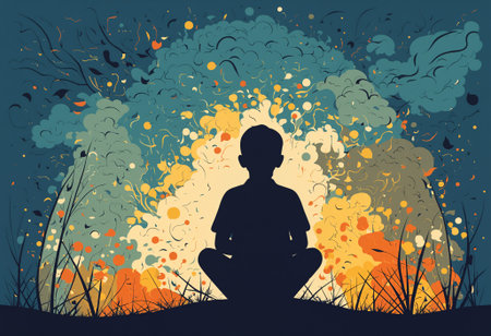 Silhouette of a child meditating in a lotus position surrounded by an explosion of color, symbolizing mindfulness, inner peace, or emotional releaseの素材