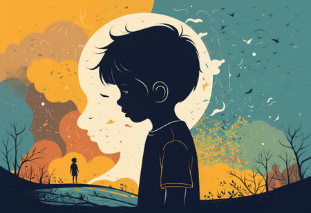 Silhouette of a child standing in profile against a background split in two, symbolizing inner conflict, emotional split, or childhood dualityの素材