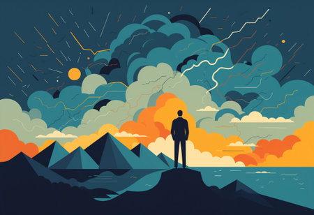 dramatic illustration of a man observing a chaotic, stormy landscape, symbolizing overwhelming worries, existential fear, or an economic stormの素材