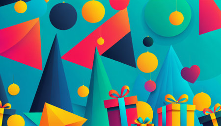 abstract holiday illustration with hanging ornaments and geometric shapesの素材