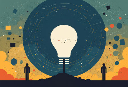 abstract illustration of two people observing a giant lightbulb, symbolizing innovation, mental health solutions, or a new cognitive understandingの素材
