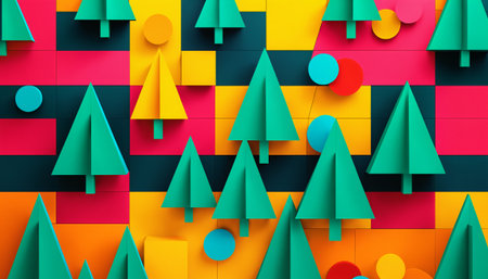 vibrant geometric grid with abstract christmas trees and circlesの素材