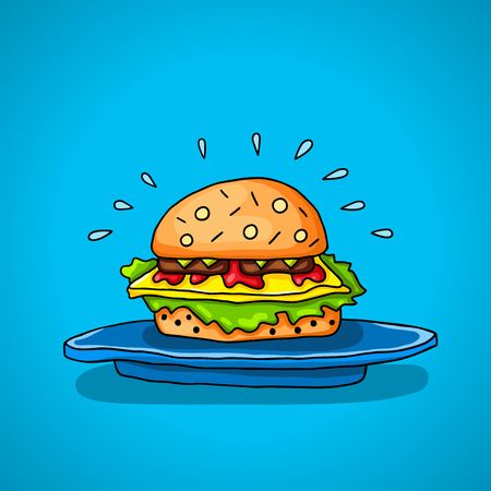 Big hamburger with cheese, sauce, two burgers, lettuce, lying on big blue plate on a blue backgroundのイラスト素材