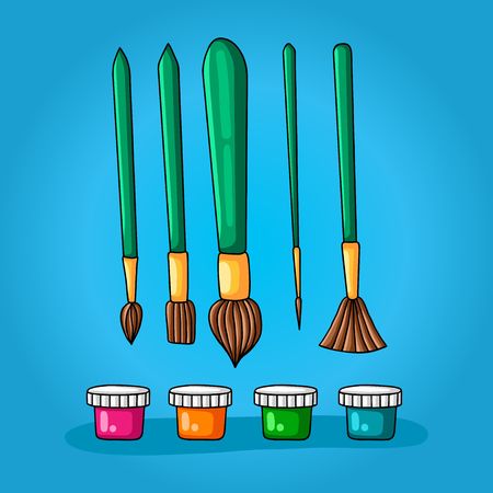 Color set of five different brushes for painting and four colors in small jars with lidsのイラスト素材