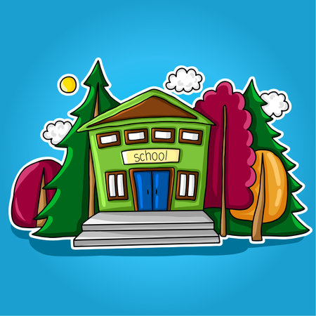 Illustration of a stylized school building with windows, stairs, doors and roof among trees, sun and cloudsのイラスト素材
