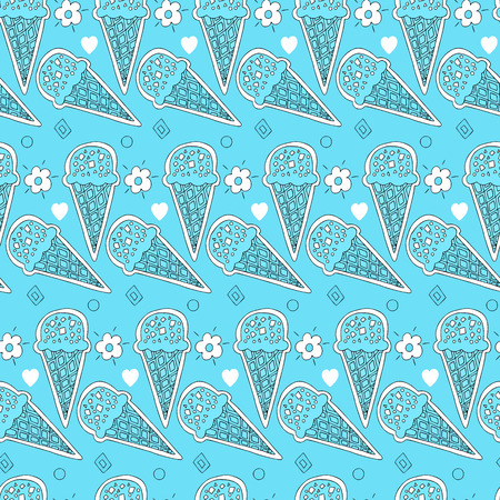 Seamless pattern of sweet ice cream in a waffle cone surrounded by flowers and circles on a light blue background. Seamless pattern of waffle cone. Ice cream seamless pattern.のイラスト素材