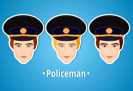 Set of vector illustrations of a policeman. Policeman. The man's face. Icon. Flat icon. Minimalism. The stylized man. Occupation. Job. Uniforms, police cap.のイラスト素材