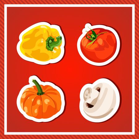 Set of vector vegetables. Isolated vegetables. Fresh and healthy food. Diet. Bright, juicy vegetables on a red background. Tomato, yellow pepper, mushroom, pumpkin. Stickers, decals.のイラスト素材