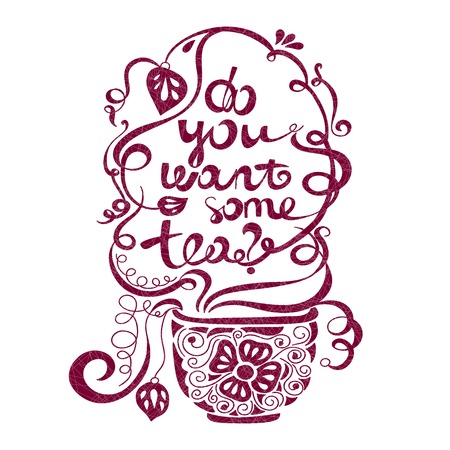 Vector illustration "Do you want some tea" for postcards, posters, banners. Mug with tea and a beautiful inscription Font composition. Floral illustration. Hand drawing lettering.のイラスト素材