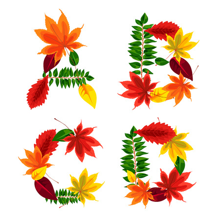 Set of autumn letters composed of beautiful red, yellow, green and orange leaves. Autumn alphabet. A, B, C, D. Set autumn letters. Letters from the leaves.のイラスト素材
