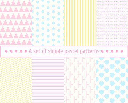 Set pastel seamless patterns. Gentle, simple, concise patterns, backgrounds, textures, wallpaper, posters, postcards, fabric. Seamless background. Pastel colors, pink, blue, yellow pattern.のイラスト素材