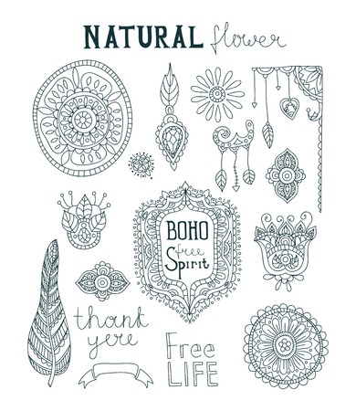 Set of ornamental Boho style. Beautiful Indian floral ornaments. Flowers, feathers, leaves and elements. Vintage graphic set. Frames and hand drawn elements. Bird feathers. Isolated floral shapes.のイラスト素材