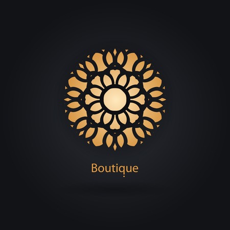 Luxury logotype in the shape of a flower for antique boutique. Gold logo, flower. Simple geometric sign. Icons, business, invitations. Volumetric golden big bud. Vintage. Islam, Arabic, Indian. Retro.のイラスト素材