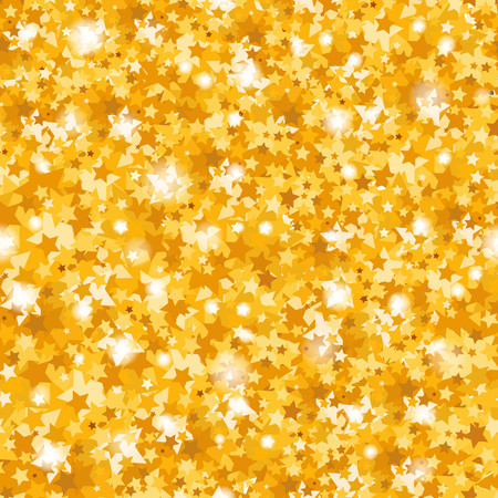 Bright golden background. The sparkles in the form of stars. Golden shiny texture. Stars of gold. Iridescent and sparkling New Year and Christmas background, texture, pattern. Christmas pattern.のイラスト素材