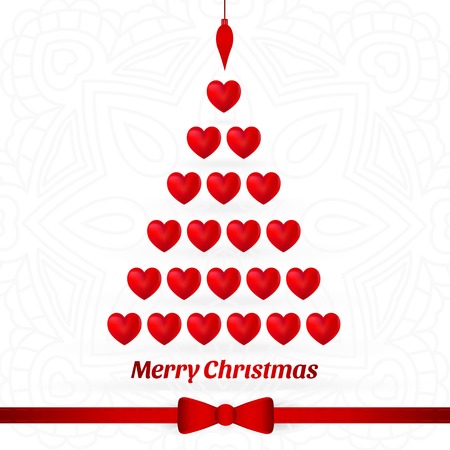 Celebratory bright background for Merry Christmas and New Year. Greeting card. Congratulations on a Merry Christmas. Decorative tree, fir. Christmas tree made of red hearts. Red bow with ribbon.のイラスト素材