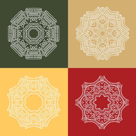 Four beautiful white circular ornament. Mandala. Vintage decorative elements. Islam, Arabic, Indian, ottoman. Set of beautiful ethnic, oriental ornaments. Stylized flowers. Gentle, light ornament.のイラスト素材