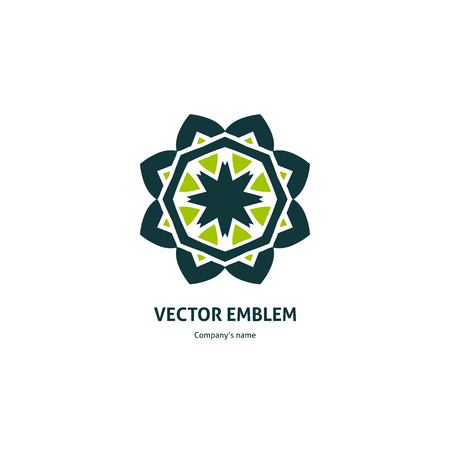 Dark green beautiful circular logo for boutique, flower shop, business. Company mark, emblem, element. Simple geometric mandala logotype. Kaleidoscope big bud. Surround abstract blossom.のイラスト素材