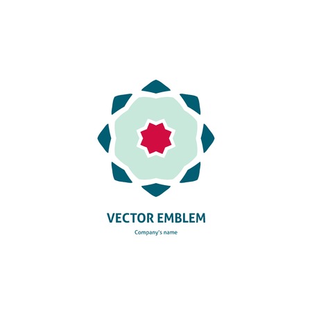 Gentle blue, pink beautiful circular logo for boutique, flower shop, business, interior. Company mark, emblem, element. Simple geometric mandala logotype. Kaleidoscope bud. Surround abstract blossom.のイラスト素材