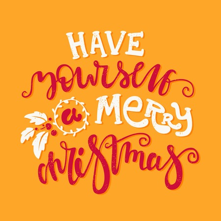 Have yourself a Merry Christmas. Hand drawing text for Christmas. Greeting card. Bright multi-colored letters. Modern, stylish hand drawn lettering. Hand-painted inscription. Christmas decorations.のイラスト素材