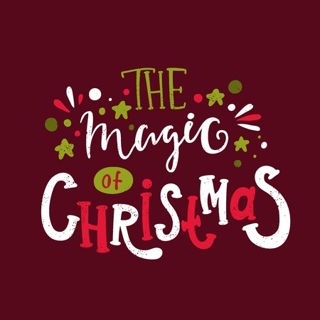 The magic of Christmas. Hand drawing text for Merry Christmas. Greeting card. Bright multi-colored romantic letters. Modern and stylish hand drawn lettering. Hand-painted inscription. Stars, snow.のイラスト素材