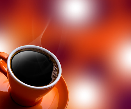 Cup of black coffee on bokeh background. Banner of a cup of coffee and a blurred backgroundの写真素材