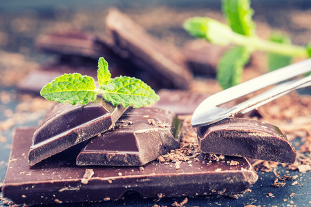 Chocolate. Black chocolate. A few cubes of black chocolate with mint leaves. Chocolate slabs spilled from grated chockolate powder.の写真素材