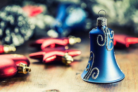 Christmas. Christmas decoration. Christmas balls, stars, jingle bells xmas ornaments. Decoration bauble seasonal winter holidays.の写真素材
