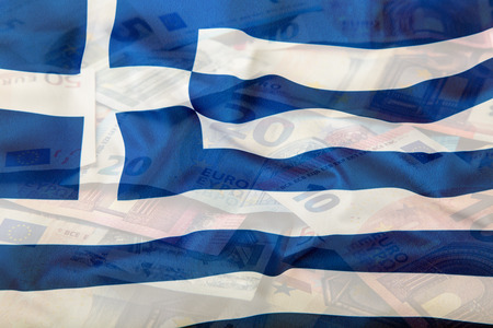 Greece flag. Euro money. Euro currency. Colorful waving greece flag on a euro money background.