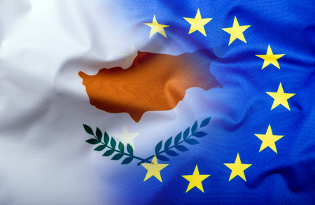 Flags of the Cyprus and the European Union. Cyprus Flag and EU Flag. World flag money concept.の写真素材